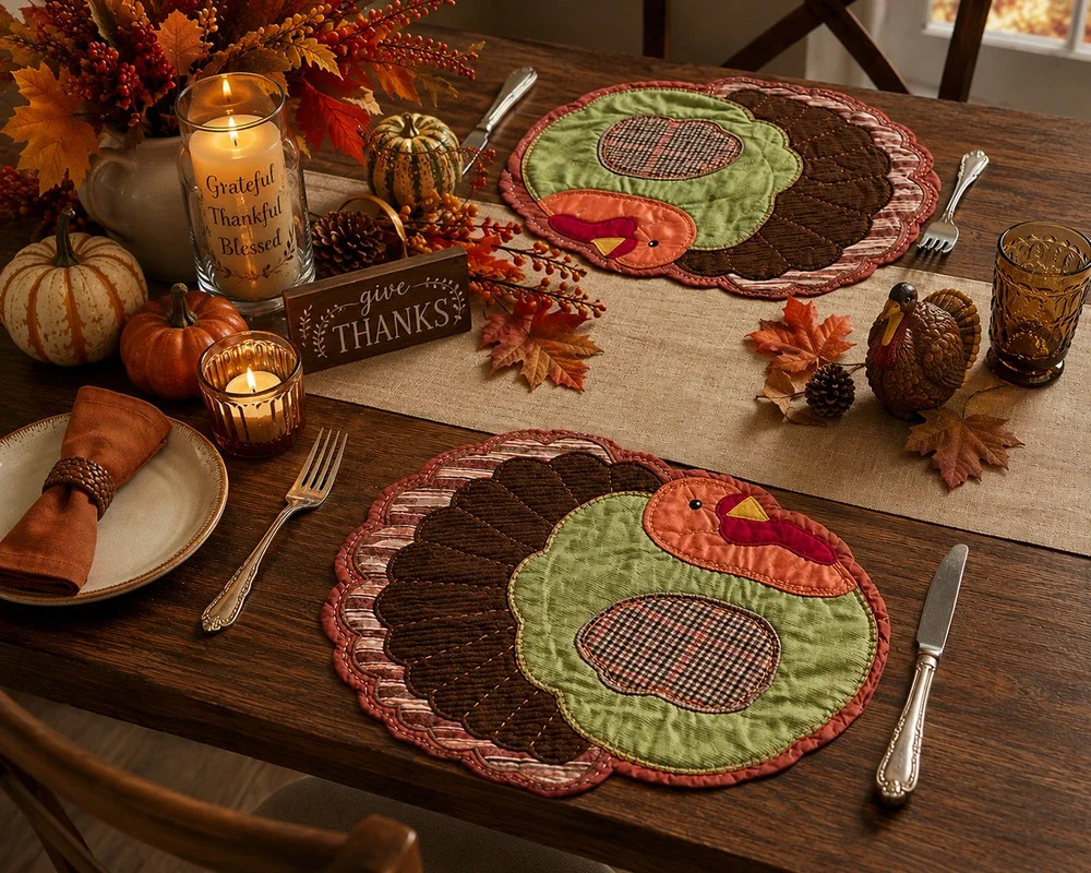 Pottery Barn Kids Vintage 2006 Turkey Placemats Set 2 Patchwork Thanksgiving